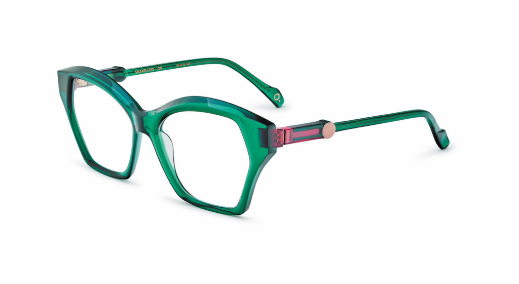 Etnia Barcelona's Snake Eyes glasses, big green frames with a sleek design.