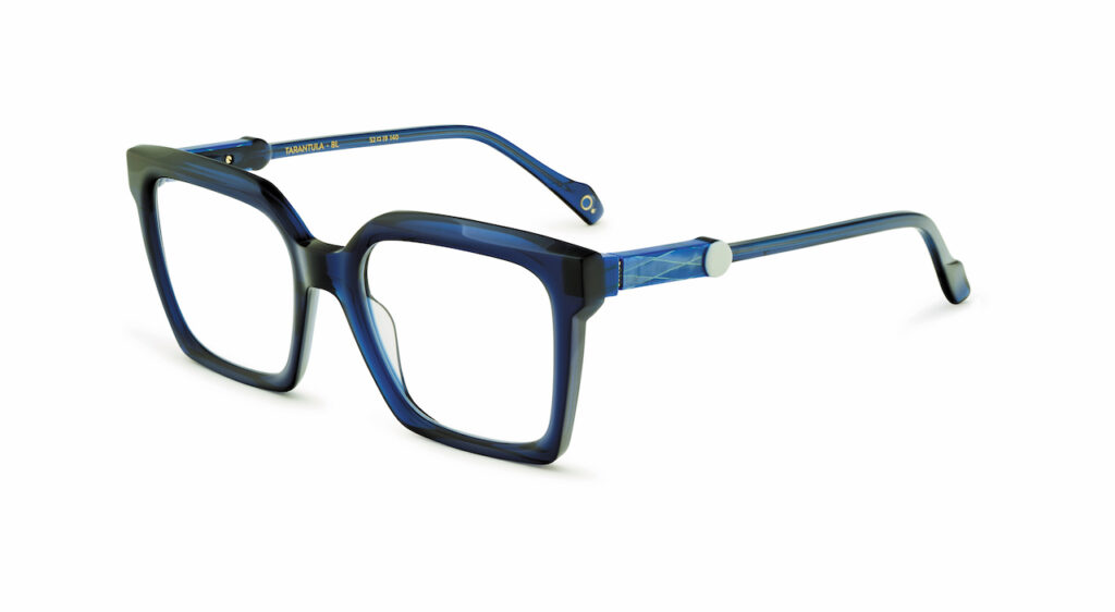 Tarantula eyeglasses by Etnia Barcelona, featuring blue frames with a geometric pattern.