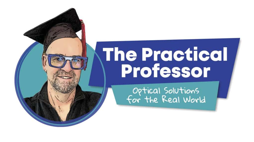 Illustration of Thomas Weissberger, RO, wearing a graduation cap and blue glasses, labeled 'The Practical Professor: Optical Solutions for the Real World.'