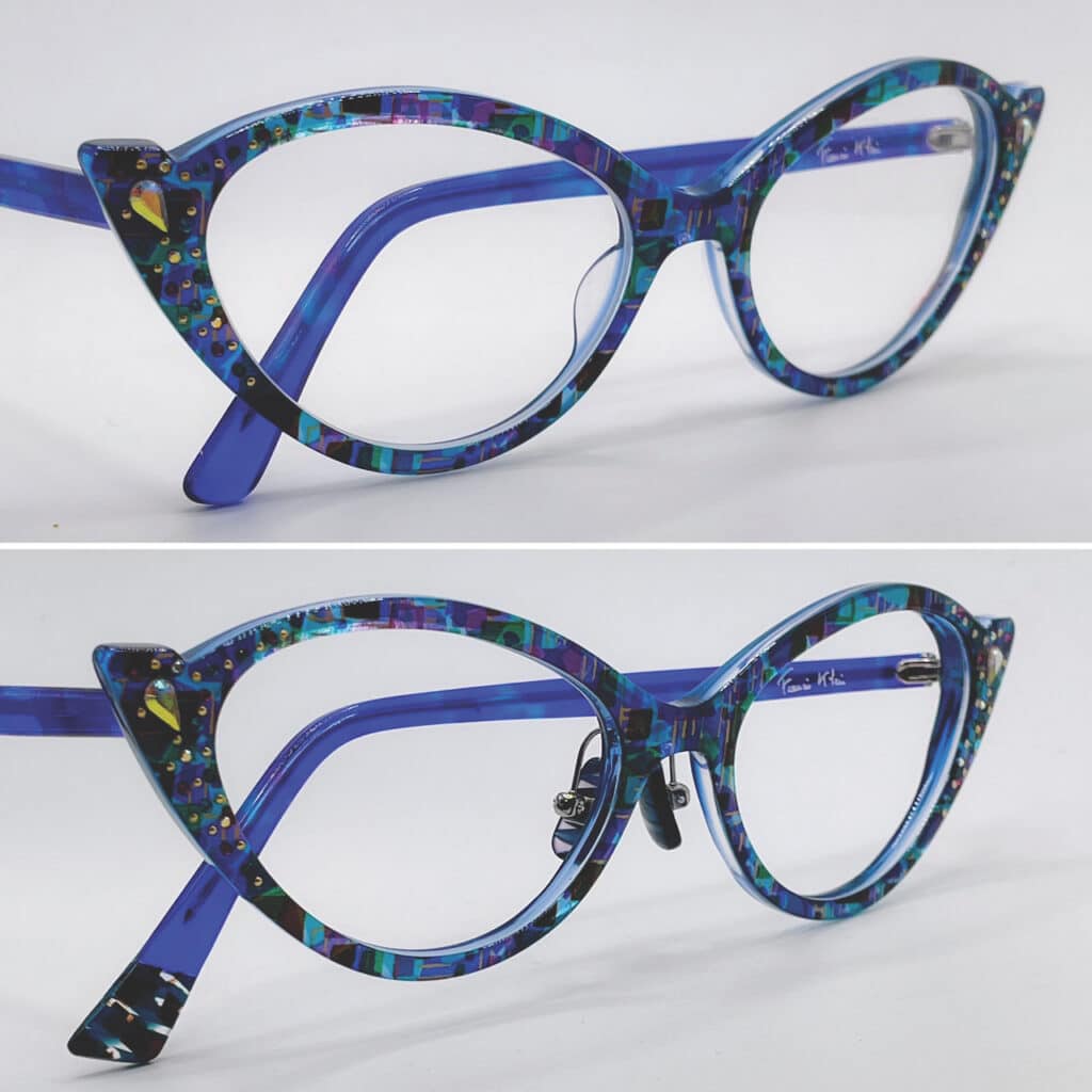 Before and after photographs of blue acetate Francis Klein Paris cat-eye glasses, the before photo (on top) shows the original glasses and the after photo (on the bottom) shows unique eyewear with temple extensions, titanium pad arms and Japanese acetate nose pads.