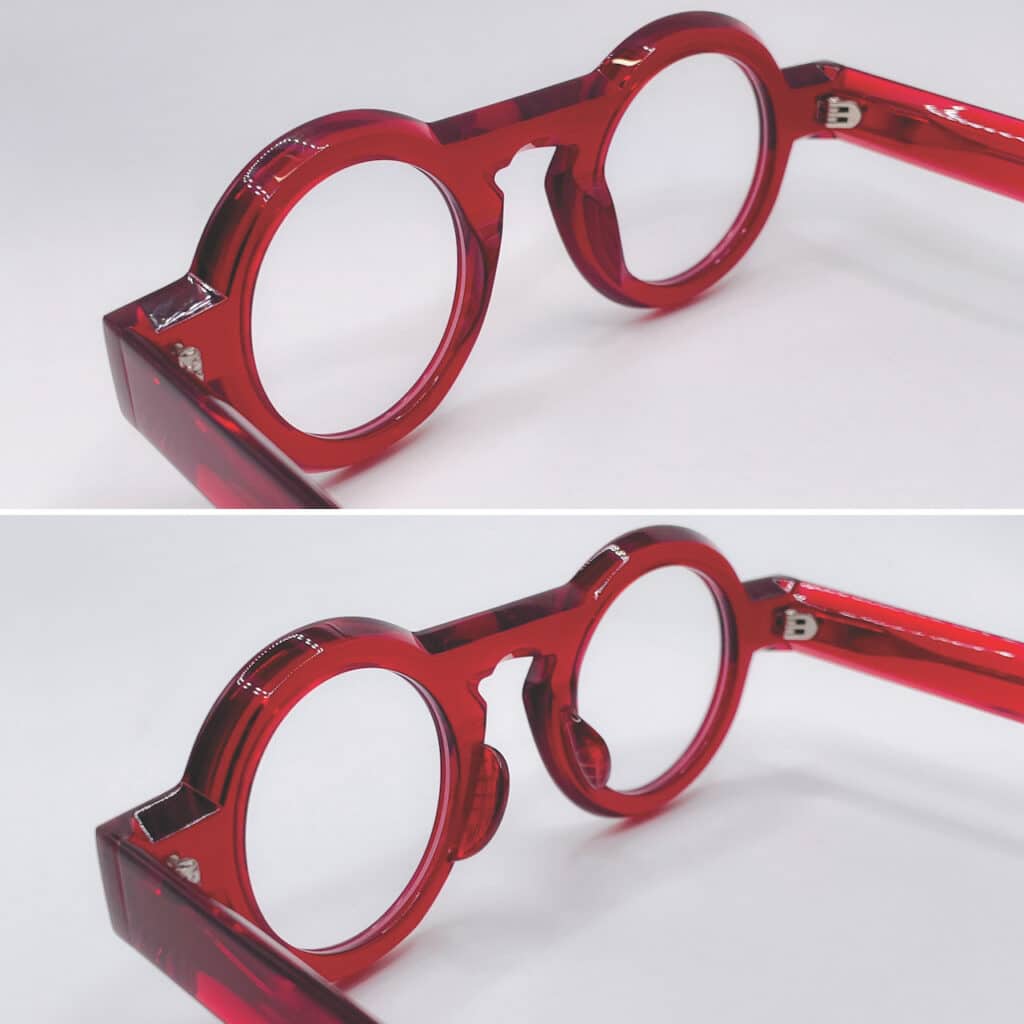 Before and after photographs of thick red red acetate Theo glasses, the before photo (on top) shows the original glasses and the after photo (on the bottom) shows unique eyewear with with a matched limited edition bridge build.