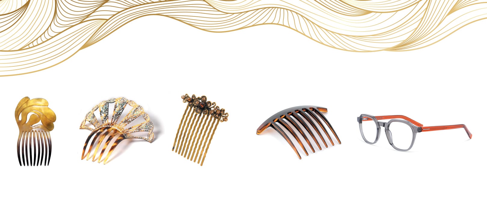 A selection of four hair combs and one pair of eyeglasses. The hair combs are made of a variety of materials, including bone, horn, and metal.