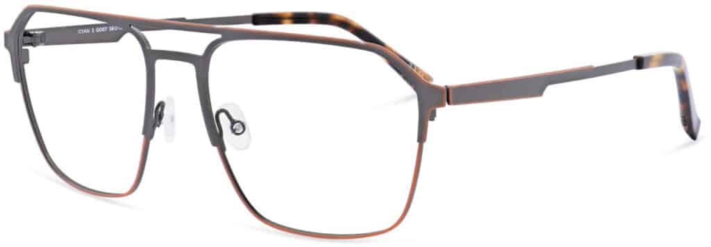 Close up of Morel Cyan 3 GO07 eyeglass frames, in orange-grey.