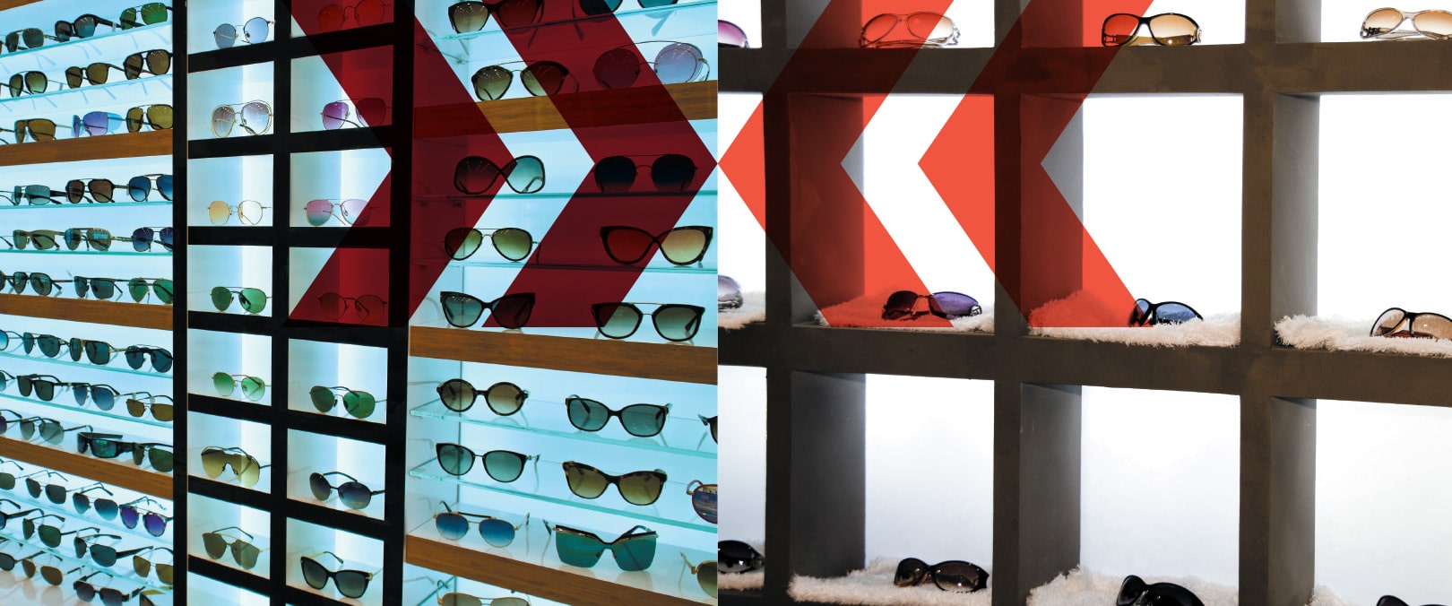 Two different optical store displays, side-by-side, with a red arrow graphic overlaid.